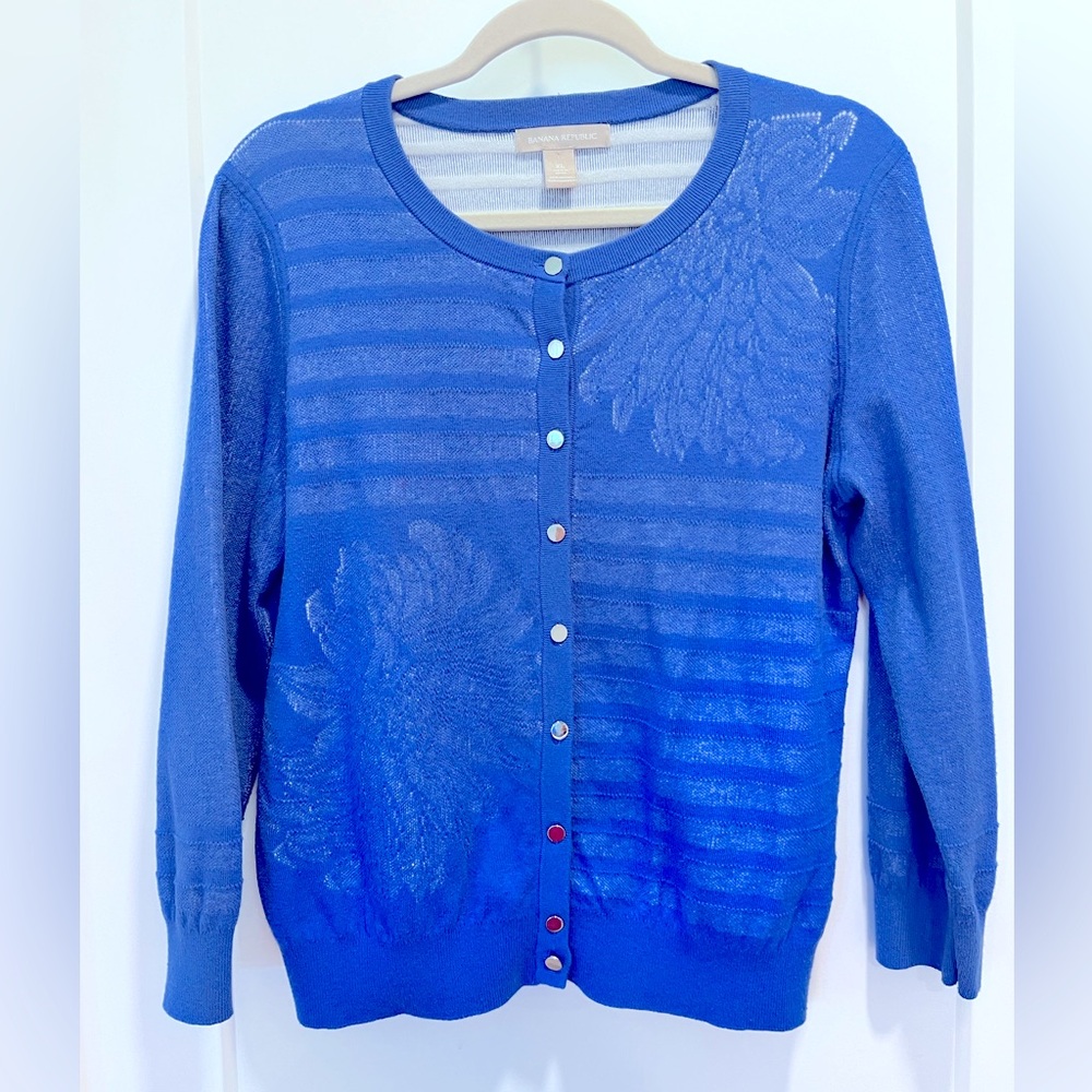 Banana Republic EUC Blue Stripe Floral Cardigan Sweater/Silver Buttons size XL